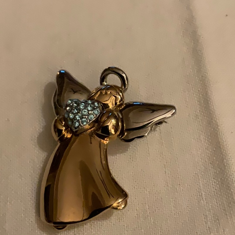 Very Special Gold And Silver Angel Broach With Blue Rhinestone Heart. Gift Idea